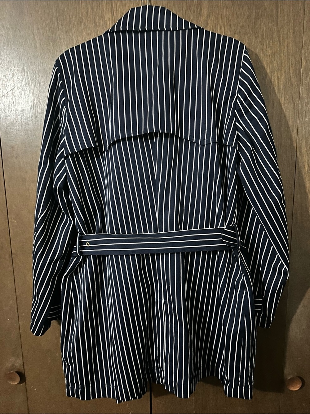 Lauren Ralph Lauren Navy White Stripes 100% Cotton Belted Trench Pea Coat Sz XL - Picture 8 of 14